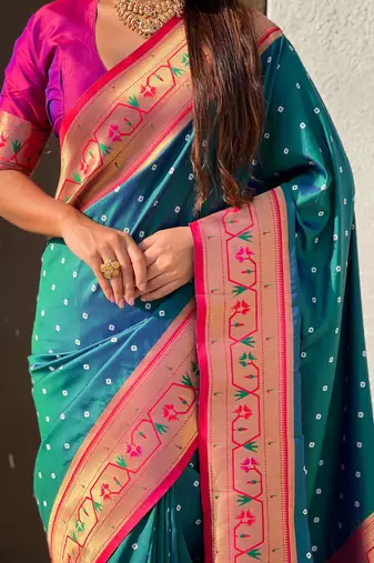 teal bandhani soft silk saree with zari weaving border