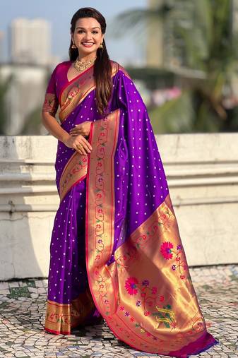 Purple soft silk bandhani zari weaving saree with contrast blouse piece