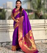 purple bandhani soft silk saree with zari weaving border