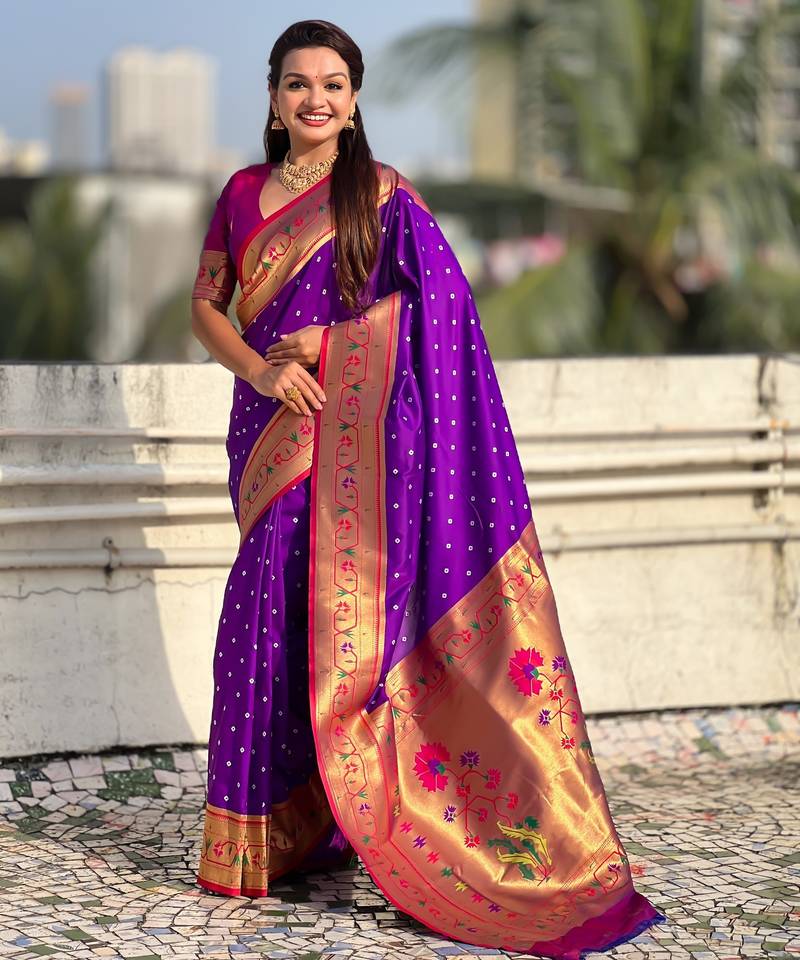 Purple soft silk bandhani zari weaving saree with contrast blouse piece