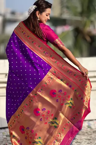 purple bandhani soft silk saree with zari weaving border
