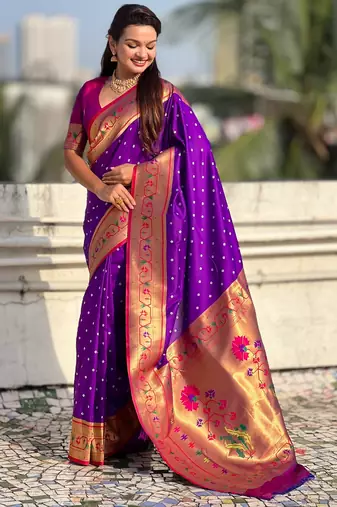 purple bandhani soft silk saree with zari weaving border