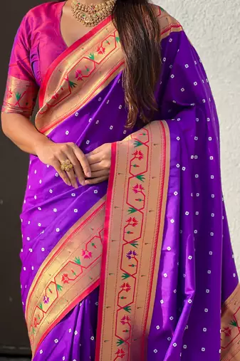purple bandhani soft silk saree with zari weaving border