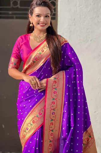 purple bandhani soft silk saree with zari weaving border
