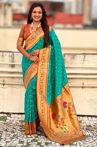 Turquoise blue soft silk bandhani zari weaving saree with contrast blouse piece
