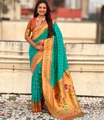 turquoise blue bandhani soft silk saree with zari weaving border