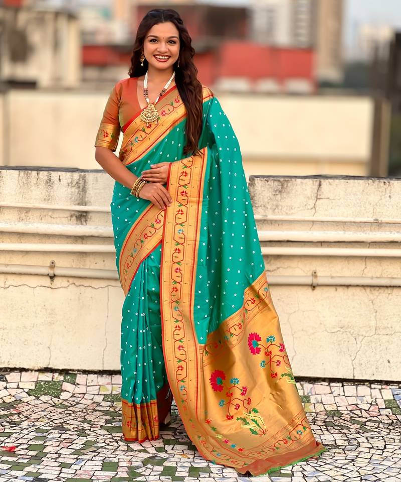 Turquoise blue soft silk bandhani zari weaving saree with contrast blouse piece