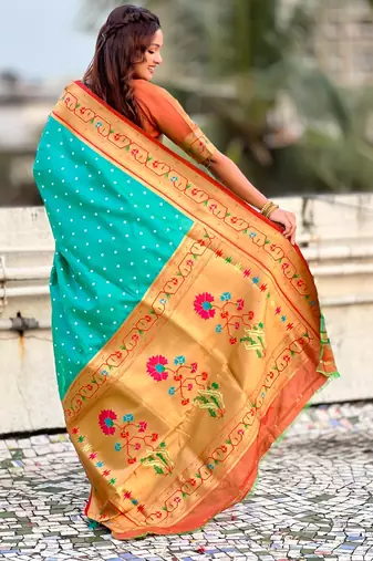 turquoise blue bandhani soft silk saree with zari weaving border