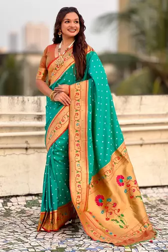 turquoise blue bandhani soft silk saree with zari weaving border