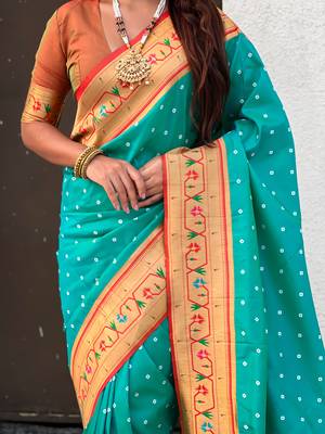 turquoise blue bandhani soft silk saree with zari weaving border 4