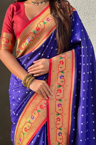 soft silk blue bandhani saree with zari weaving border