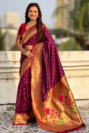 Burgundy soft silk bandhani zari weaving saree with contrast blouse piece