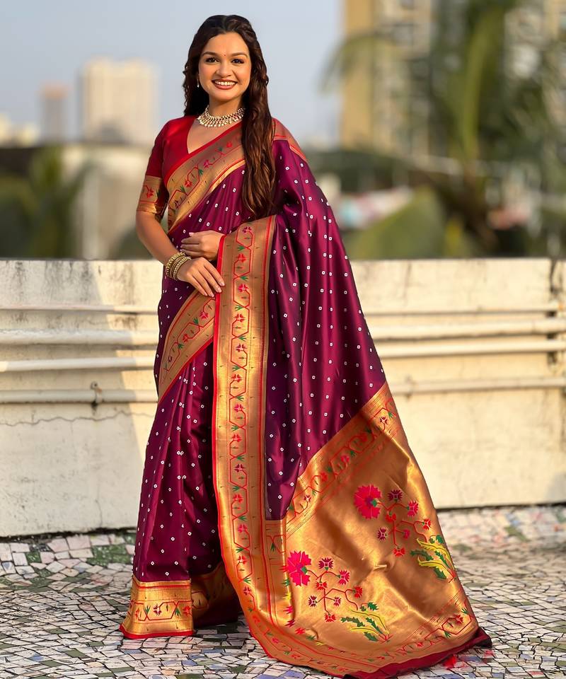 Burgundy soft silk bandhani zari weaving saree with contrast blouse piece
