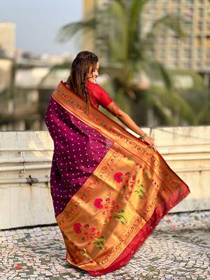 burgundy bandhani soft silk saree with zari weaving border 2