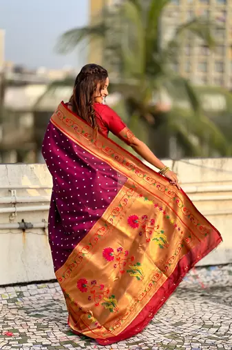 burgundy bandhani soft silk saree with zari weaving border