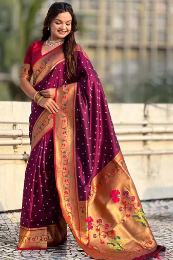 burgundy bandhani soft silk saree with zari weaving border