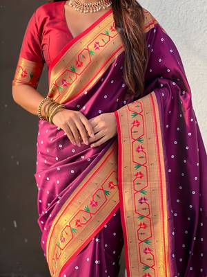 burgundy bandhani soft silk saree with zari weaving border 4