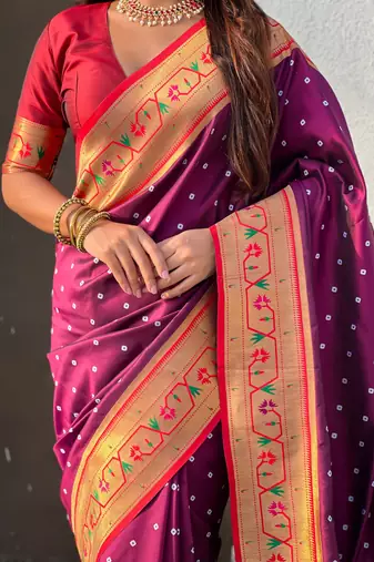 burgundy bandhani soft silk saree with zari weaving border