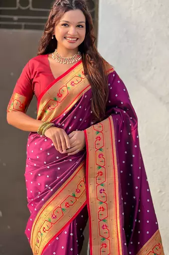 burgundy bandhani soft silk saree with zari weaving border
