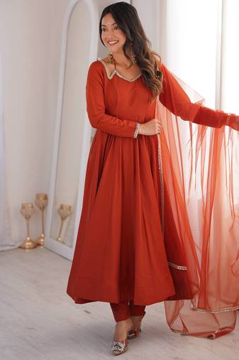 Orange women premium romansilk chanderi anarkali with microscrape lining, mirror lace dupatta & matching pant