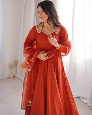 Orange women  romansilk chanderi anarkali with microscrape lining, mirror lace dupatta & matching pant 3