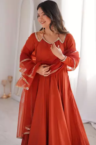 Orange women premium romansilk chanderi anarkali with microscrape lining, mirror lace dupatta & matching pant