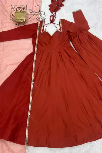 Orange women premium romansilk chanderi anarkali with microscrape lining, mirror lace dupatta & matching pant