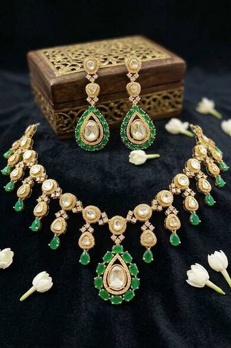 Elegant green stone kundan necklace set with drop earrings | traditional bridal & festive jewellery set