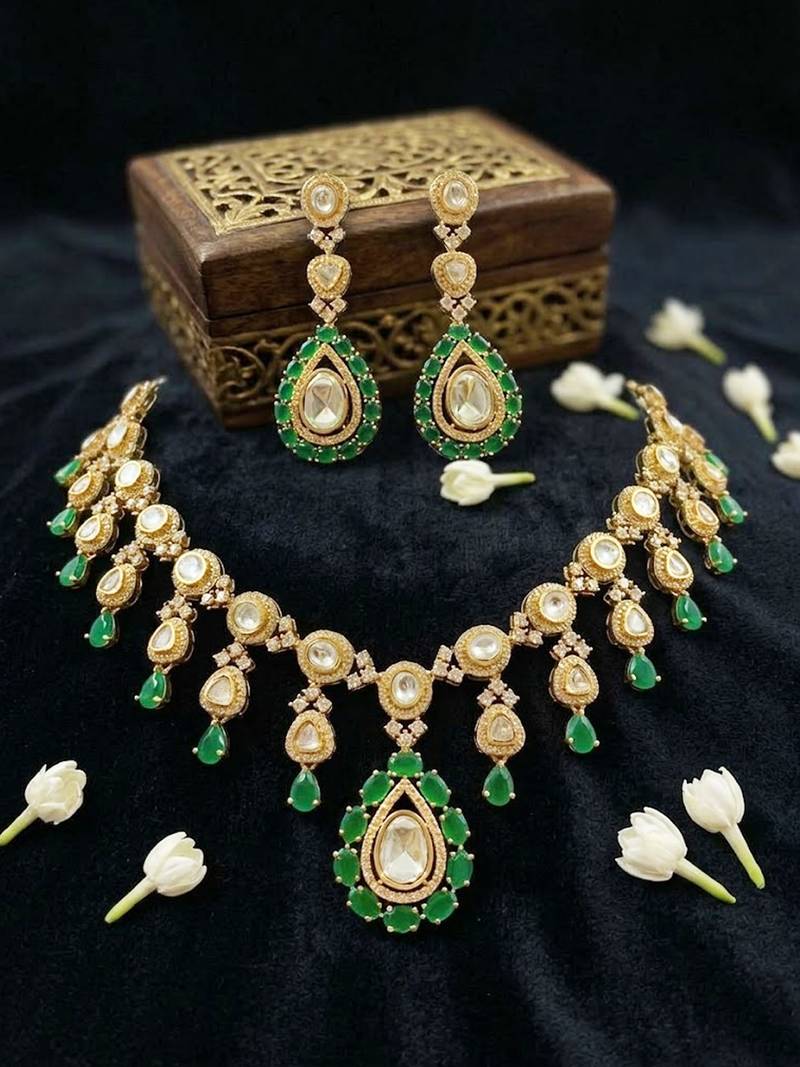 Elegant green stone kundan necklace set with drop earrings | traditional bridal & festive jewellery set