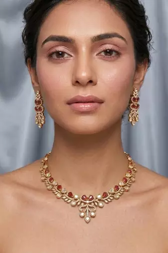 Elegant ruby red stone floral necklace set with matching earrings – gold plated traditional jewelry set for women