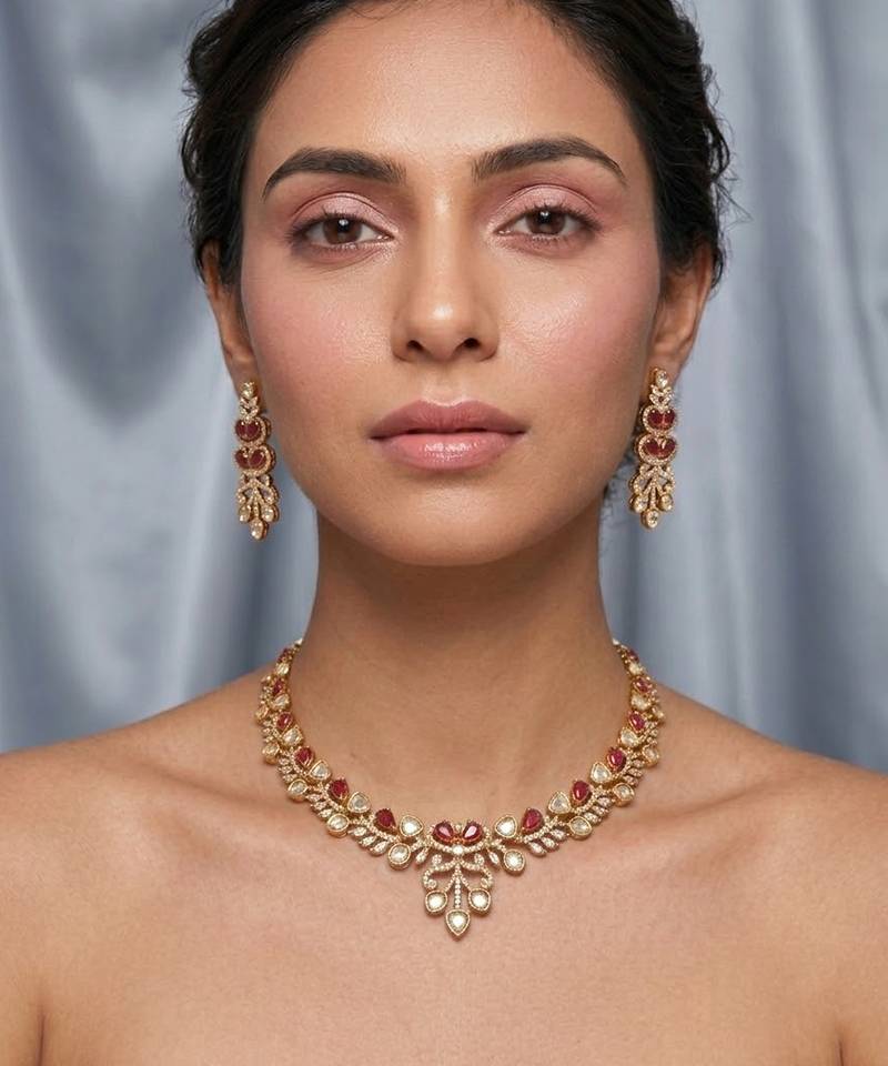 Elegant ruby red stone floral necklace set with matching earrings     gold plated traditional jewelry set for women