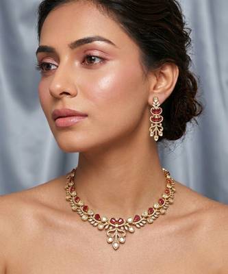 ruby red stone gold plated necklace set with earrings 2