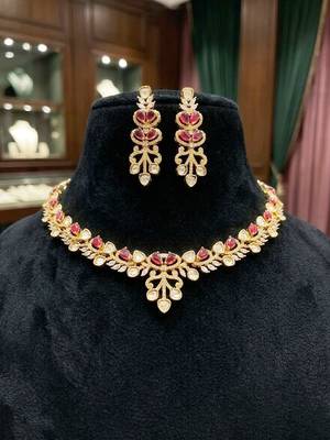 ruby red stone gold plated necklace set with earrings 3