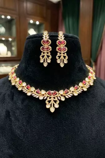 ruby red stone gold plated necklace set with earrings