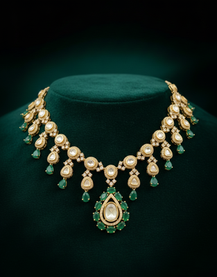 green stone kundan bridal necklace set with earrings 2