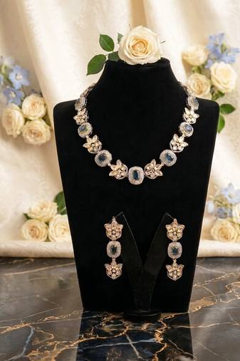 Elegant blue stone floral necklace set with statement earrings     gold plated traditional jewelry