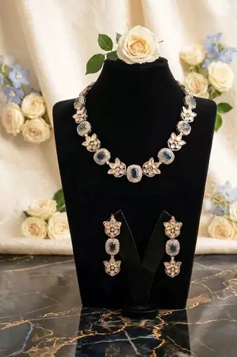 Elegant blue stone floral necklace set with statement earrings – gold plated traditional jewelry