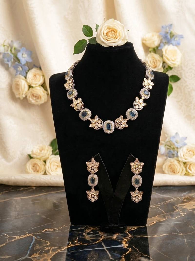 Elegant blue stone floral necklace set with statement earrings – gold plated traditional jewelry