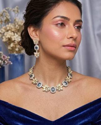 blue stone gold plated floral necklace set with earrings 2