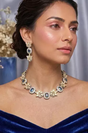 blue stone gold plated floral necklace set with earrings