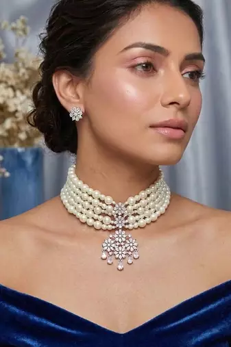 Elegant multi-layer pearl choker necklace set with floral crystal pendant & stud earrings