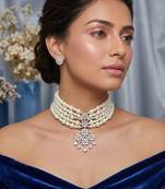 Elegant multi-layer pearl choker necklace set with floral crystal pendant & stud earrings