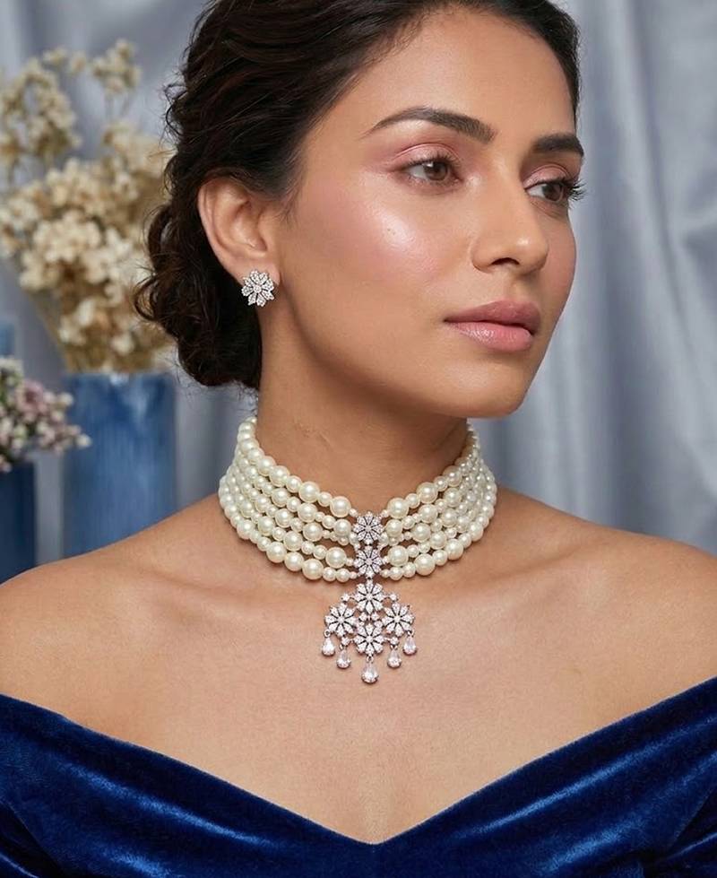 Elegant multi-layer pearl choker necklace set with floral crystal pendant & stud earrings