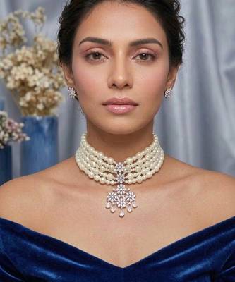 multi layer pearl choker set with floral crystal pendant 2