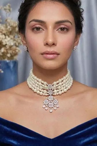 multi layer pearl choker set with floral crystal pendant