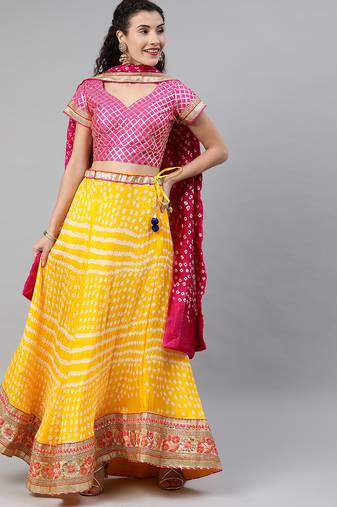 Yellow Hand Dyed Bandhani Silk Stitched Lehenga With Dupatta