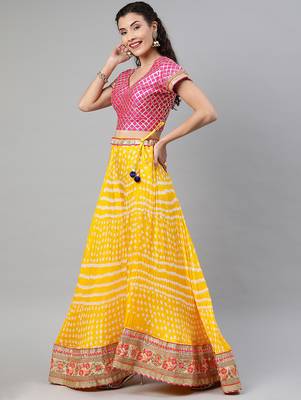 bandhani silk yellow stitched lehenga set with dupatta 2