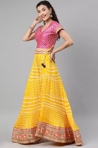 bandhani silk yellow stitched lehenga set with dupatta