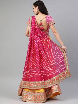 bandhani silk yellow stitched lehenga set with dupatta 3