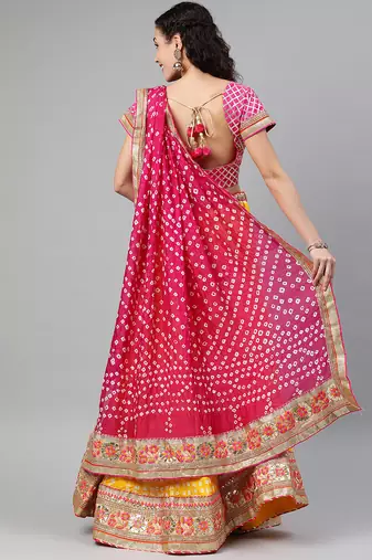 bandhani silk yellow stitched lehenga set with dupatta